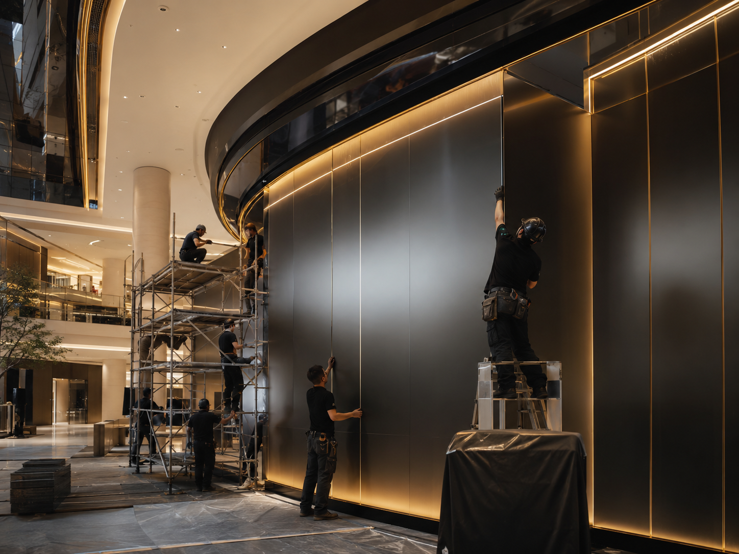 Craftspeople installing a dark metallic exhibition façade